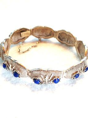Rare Vintage 1950s Chinese Export Sterling Silver Lapis Lazuli Filigree Bracelet